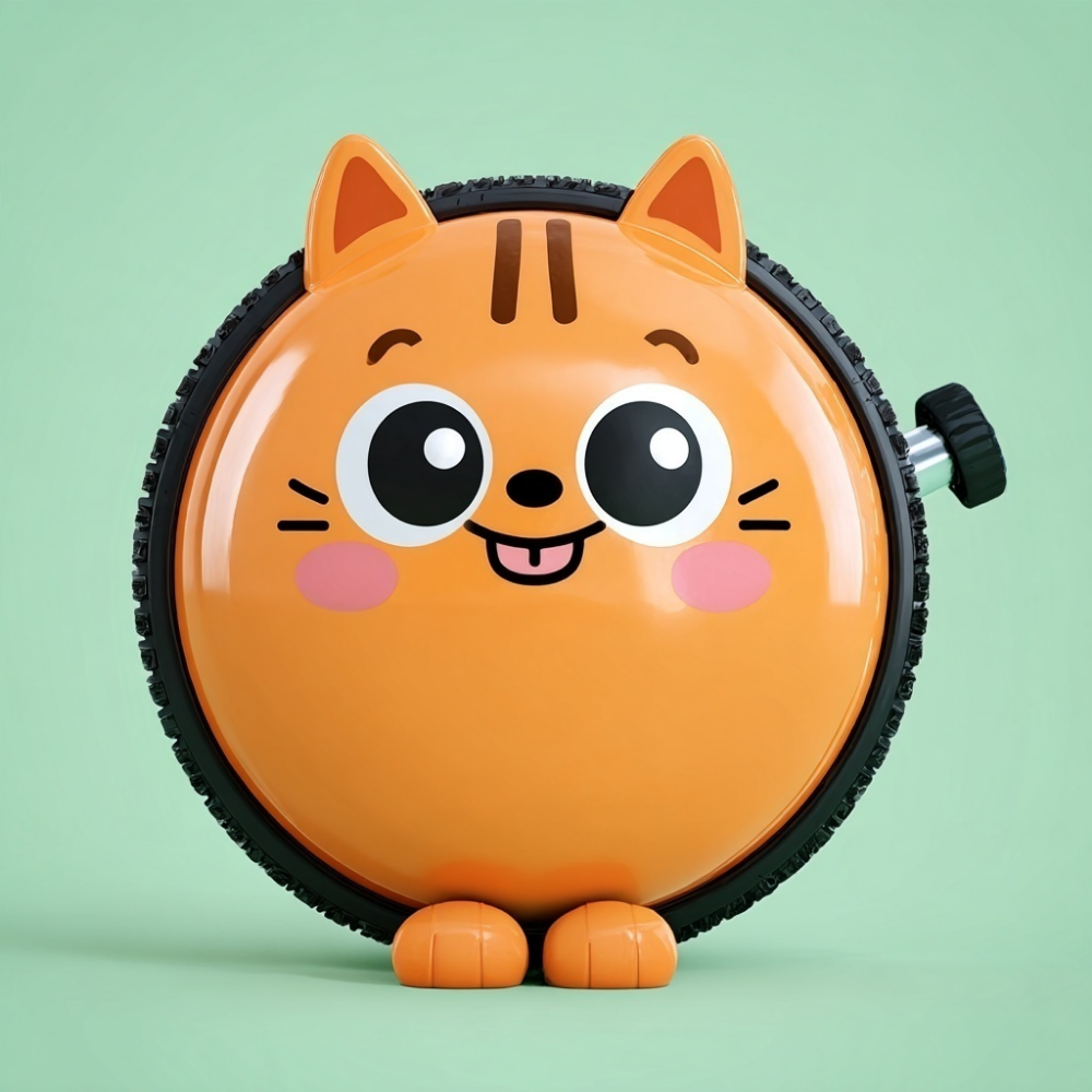 Pumping Cat, a round orange tabby cat inflated like a tire, with a pump valve on his side